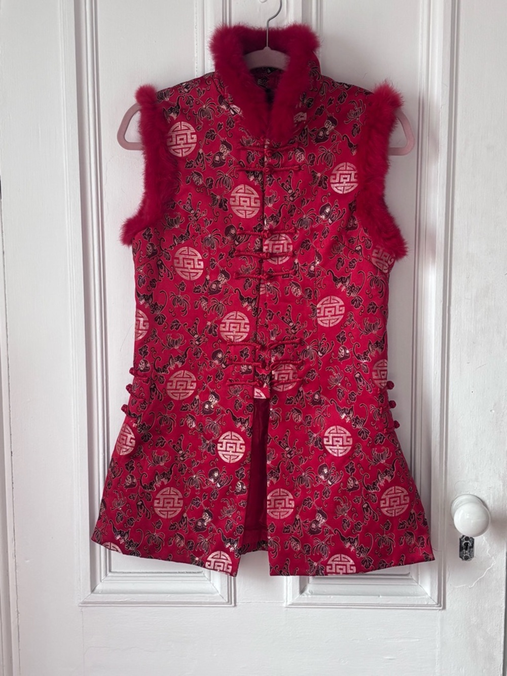 Women’s Red Oriental Style Brocade Vest Mandarin Collar Faux Fur Trim Large